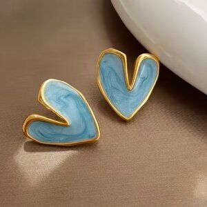 NEW Retro Funky Heart Blue and Gold Enamel Stud Earrings